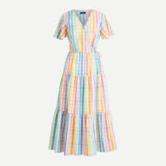 J. Crew Faux-Wrap Dress in Rainbow Gingham Midi Tiered Cotton Size 0 - Picture 1 of 10
